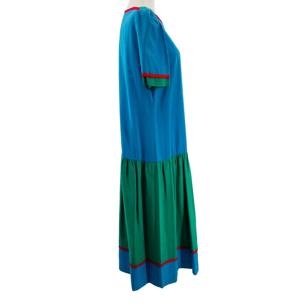 Vintage 90s Sasson Blue Green Silk Colorblock Drop Waist Shift Dress Women M/L - Picture 3 of 8